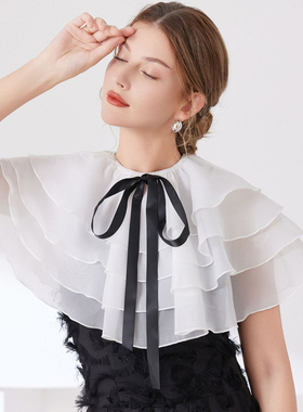 甜美轻盈飘逸百搭披肩层叠荷叶边白色雪纺假领子系丝带斗篷配裙子