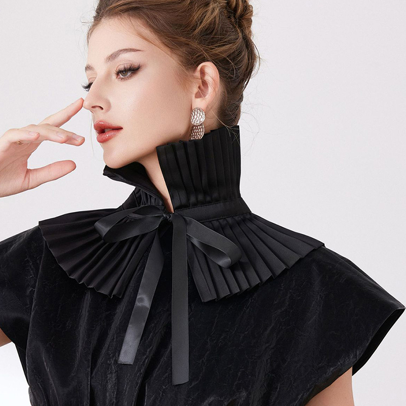 时尚风琴褶披肩立领假领子百褶复古衬衣领娃娃领系带围脖假衣领女