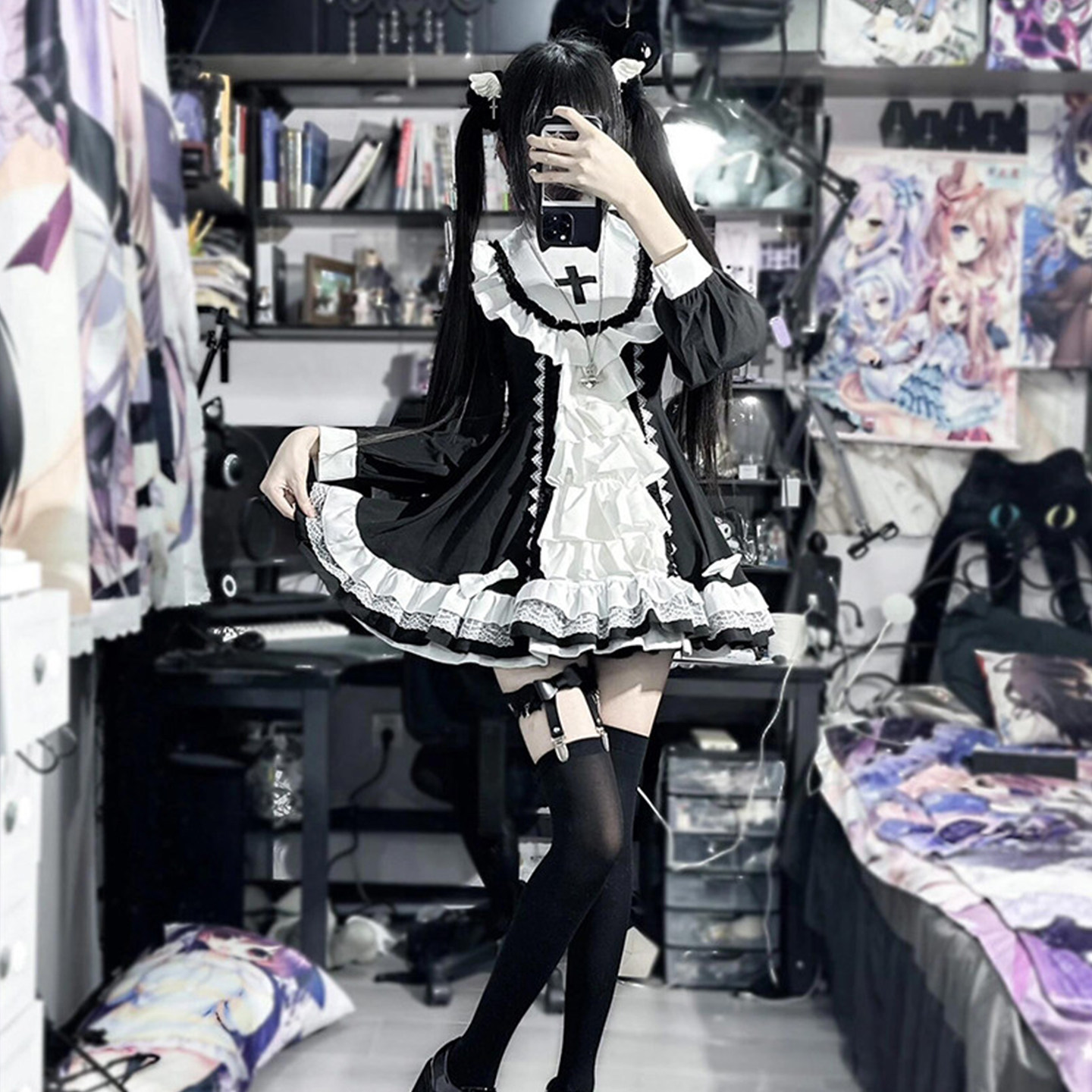 哥特修女风lolita黑白连衣裙洋装图片