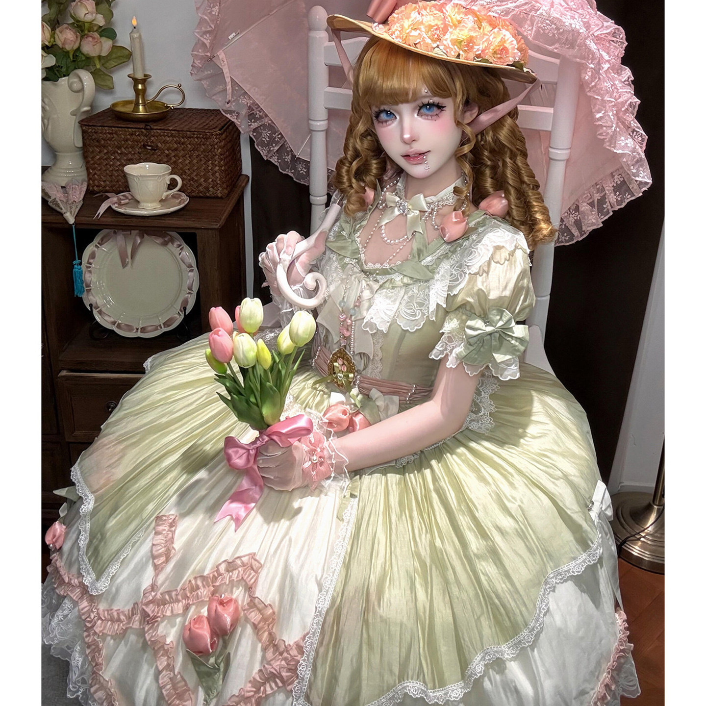 绿粉花朵优雅华丽大小姐Lolita裙短袖连衣裙洛丽塔甜美公主裙洋装