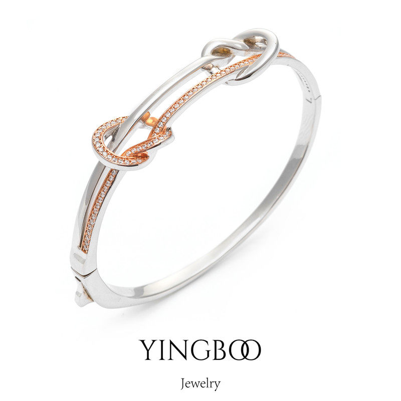 YINGBOO S925银 锁形环绕简约双色纯银手环手镯 重工原创设计 女