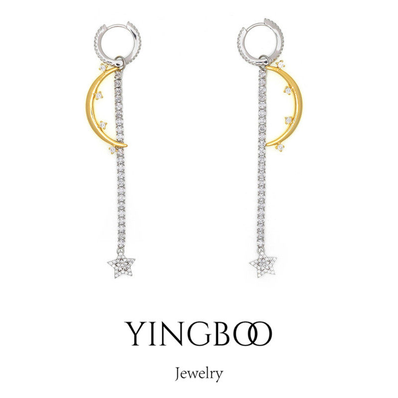YINGBOO S925银 可拆卸星月镶钻拼色长款高端纯银耳环耳线女