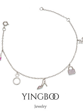 YINGBOO S925银 少女心俏皮高跟鞋包包口红吊坠纯银手链手环女