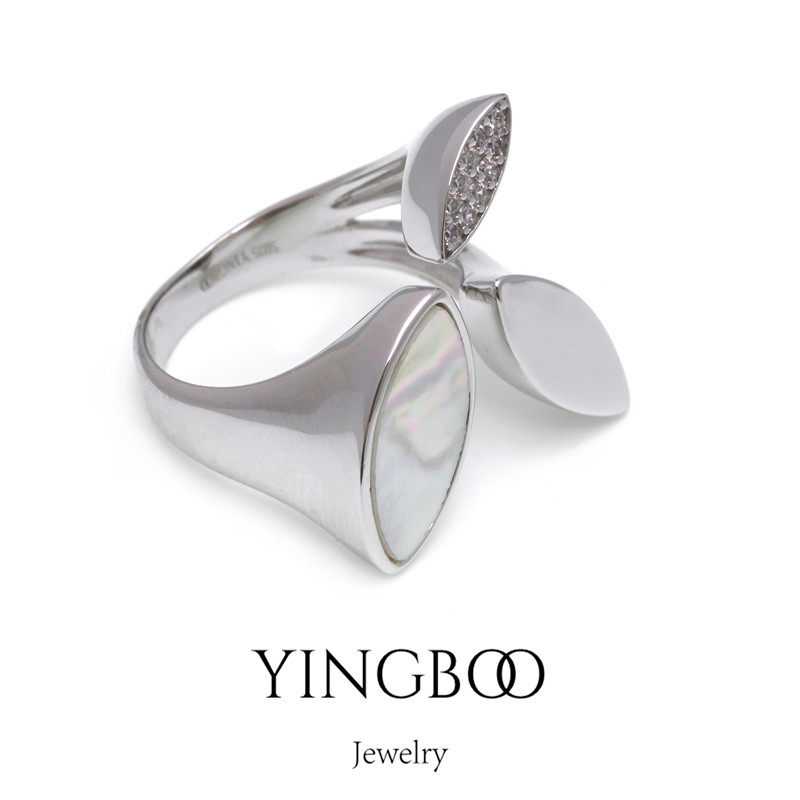YINGBOO S925银幸运三叶草纯银炫彩母贝开口戒指指环高级感套装女