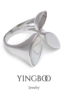 YINGBOO S925银幸运三叶草纯银炫彩母贝开口戒指指环高级感套装女