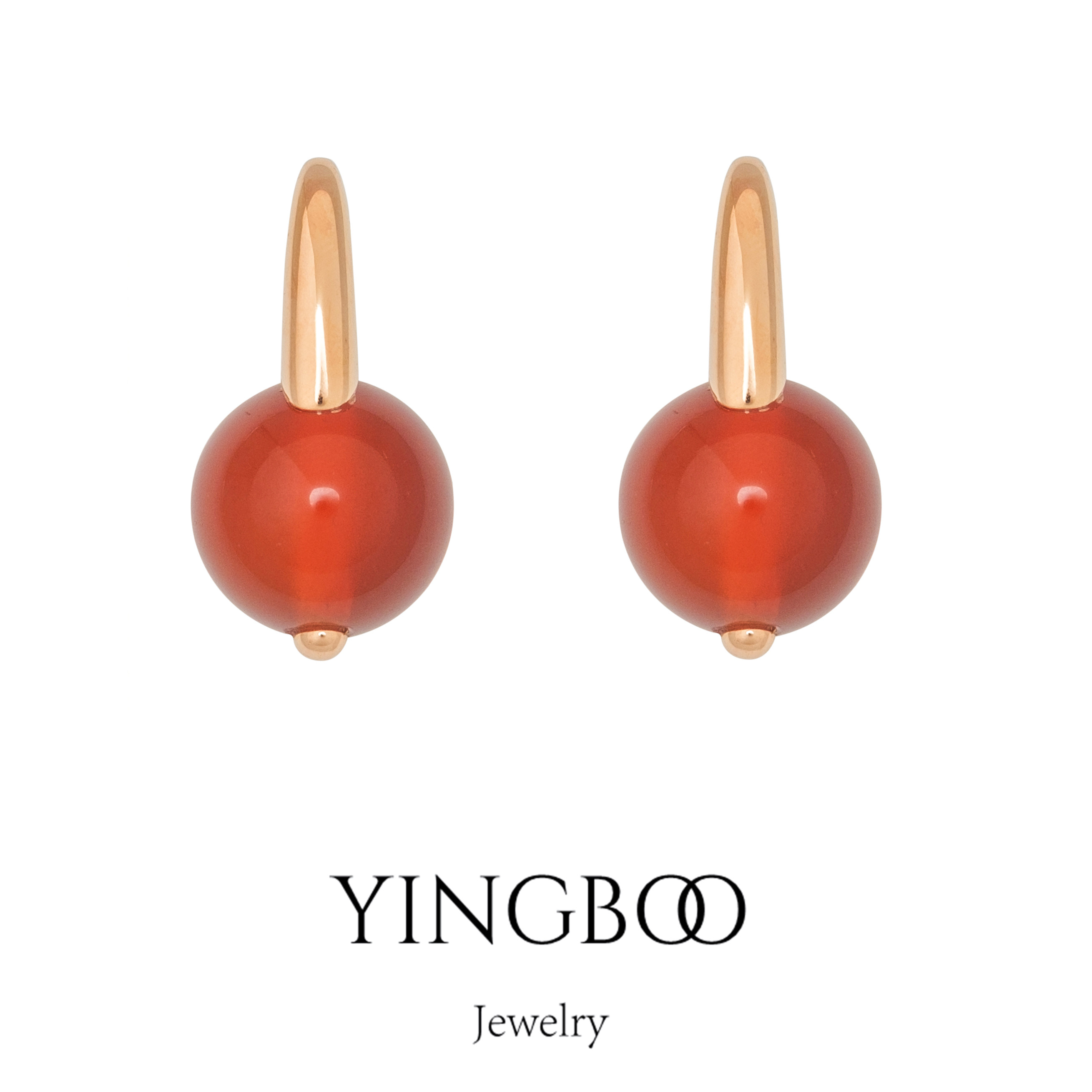 YINGBOO S925银经典圆珠款百搭红玛瑙海蓝宝纯银耳环耳吊2021新女