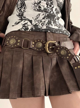 千禧辣妹y2k复古vintage半身腰带飞行拼环铆钉设计感系带牛仔皮带