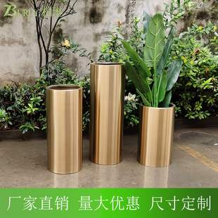 不锈钢简约现代落地花器拉丝电镀香槟金色插花桶金属圆柱花瓶定制