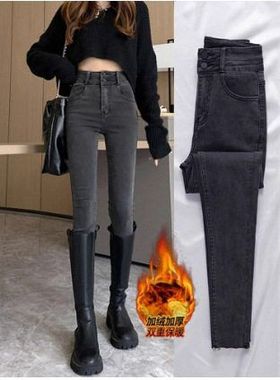 2025年秋冬新款黑灰色紧身高腰牛仔裤女显瘦修身加绒加厚小脚裤子