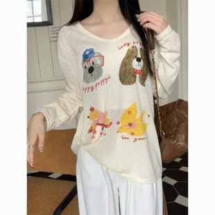 T恤女设计感微透时髦宽松显瘦防晒罩上衣 趣味印花减龄慵懒风长袖