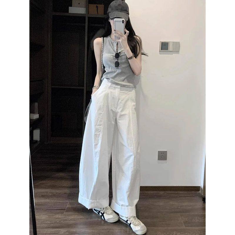 章若楠同款春款九分白色阔腿裤 薄款休闲裤 宽松显瘦阔腿裤长裤女