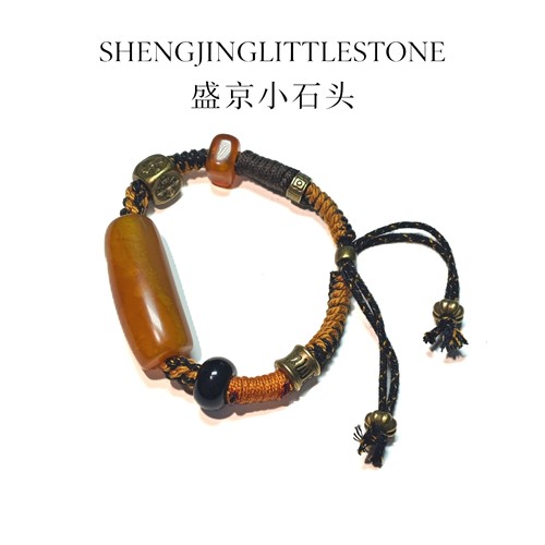【盛京小石头】开片老玛瑙弯管设计款黑金配色搭配手绳