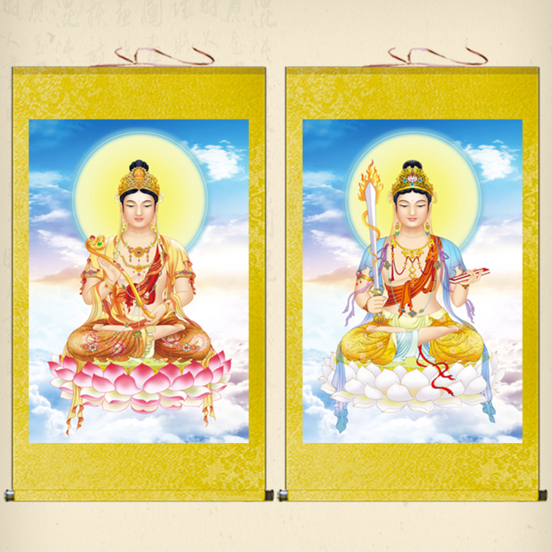 文殊菩萨画像挂画书房客厅装饰画普贤菩萨佛像画佛堂供奉卷轴画
