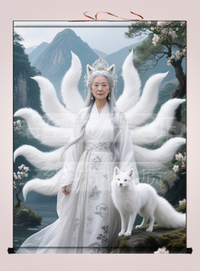 胡三太奶画像九尾狐挂画家用背景墙装饰画胡三太爷白狐狸卷轴画