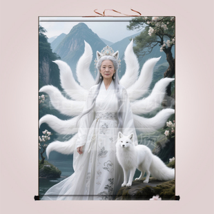 胡三太奶画像九尾狐挂画家用背景墙装饰画胡三太爷白狐狸卷轴画