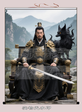 胡家仙太爷胡天霸画像九尾狐挂画家用招财装饰画黑狐狸男像卷轴画
