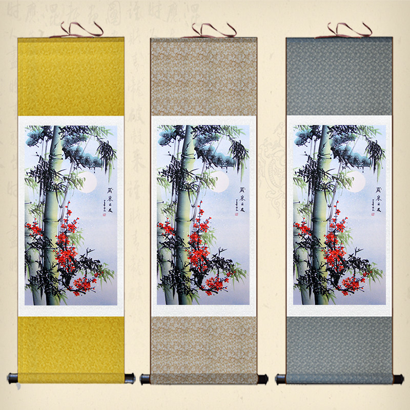 国画字画岁寒三友卷轴画家居客厅装饰画办公室丝绸画竹子挂画