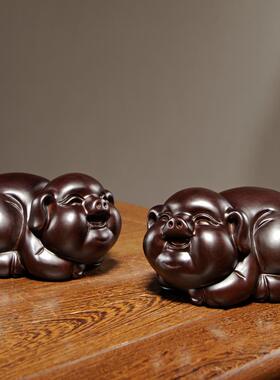 黑檀实木质生肖猪雕刻摆件家居客厅博古架办公室装饰红木工艺礼品