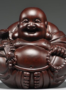 黑檀木雕刻弥勒佛像坐笑佛摆件实木家用客厅电视柜玄关装饰工艺品