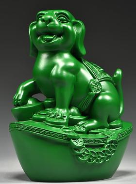 绿色木雕狗摆件实木十二生肖动物狗摆设家居电视柜装饰红木工艺品