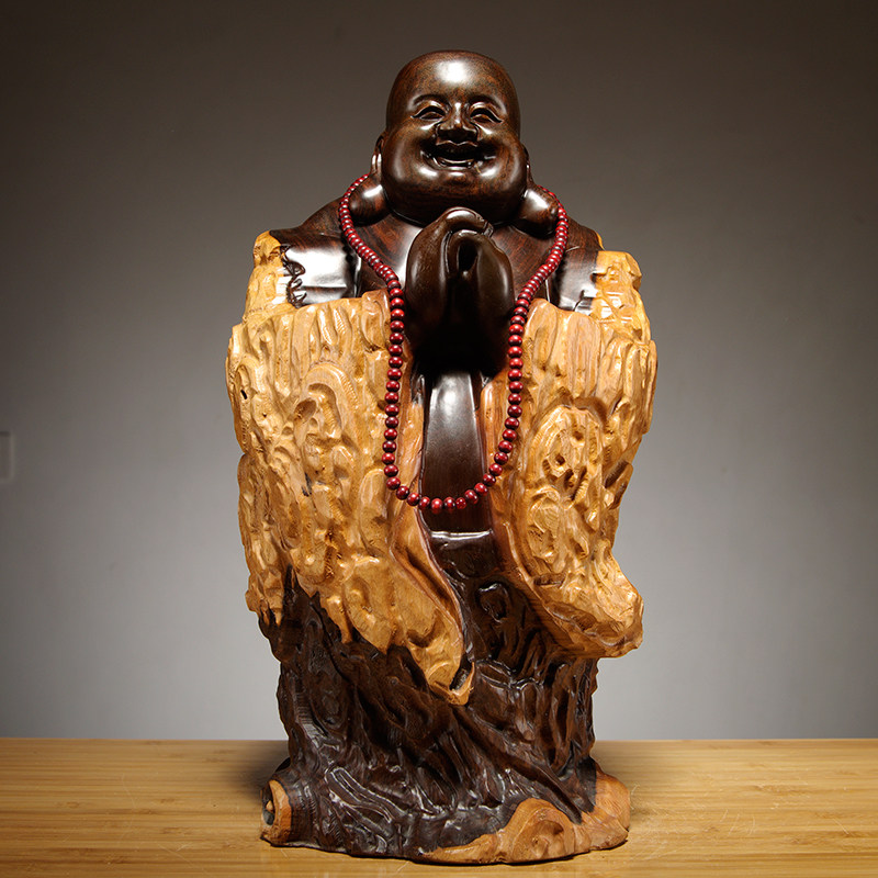 黑檀实木雕刻弥勒佛根雕摆件树根笑佛工艺品红木家居客厅装饰礼品
