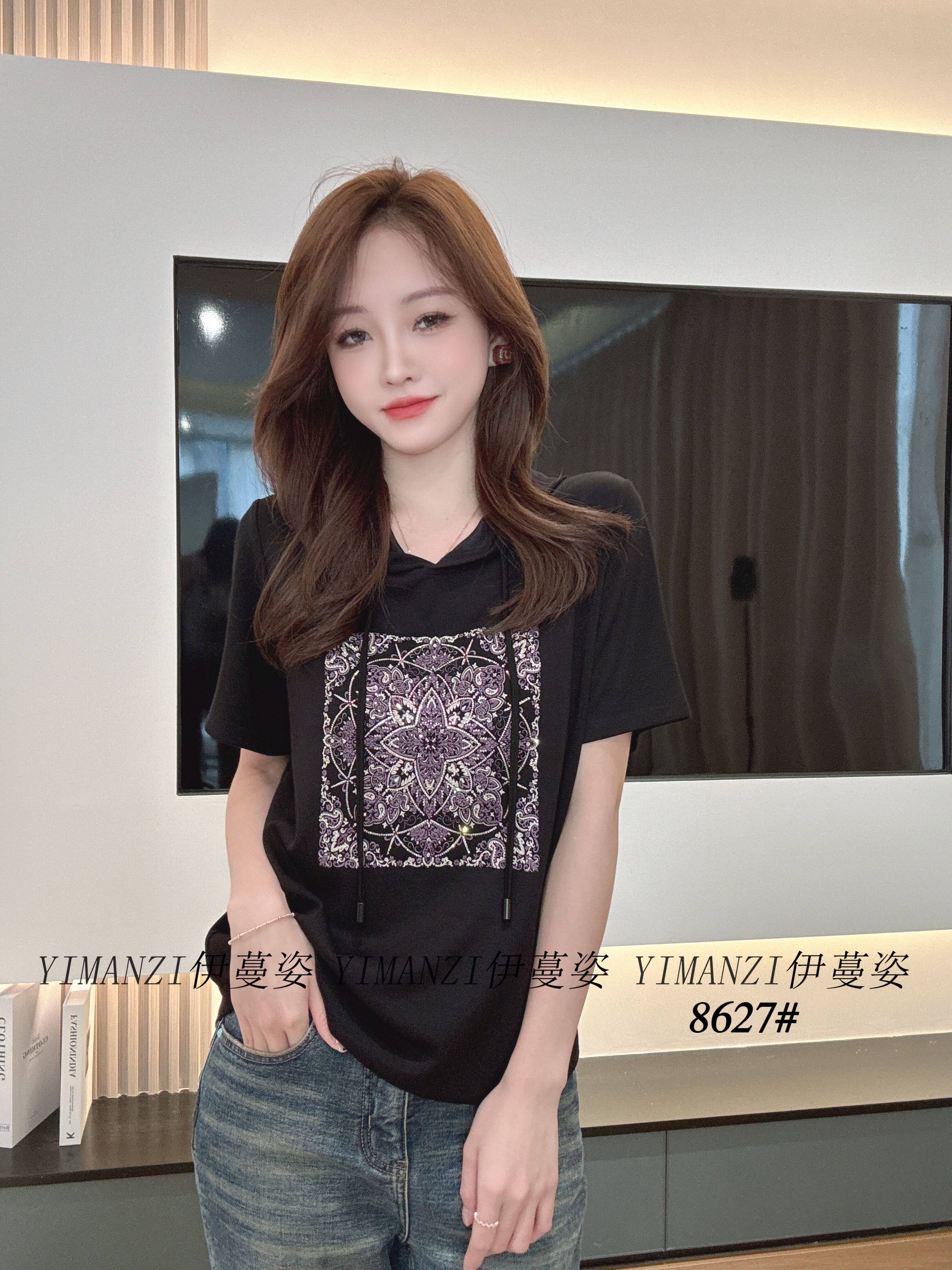 YMZ 8627正品秋季新款时尚休闲连帽大码T恤女短袖上衣瘦身减龄