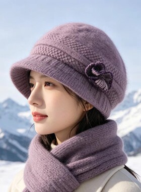 中老年人加绒保暖帽子女妈妈冬季防风寒兔毛围脖帽户外奶奶毛线帽
