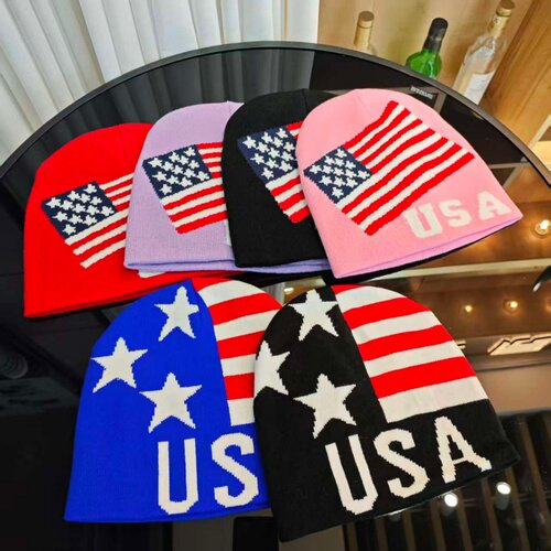 美式秋冬新款复古USA美国国旗提花针织帽男女街头潮流保暖毛线帽