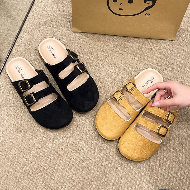 小众设计感双扣带丑萌圆头勃肯鞋复古森系磨砂皮包头半拖鞋女外穿