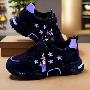 品牌春季2026女童韩版运动鞋皮面单鞋中大童学生魔术贴跑步鞋波鞋