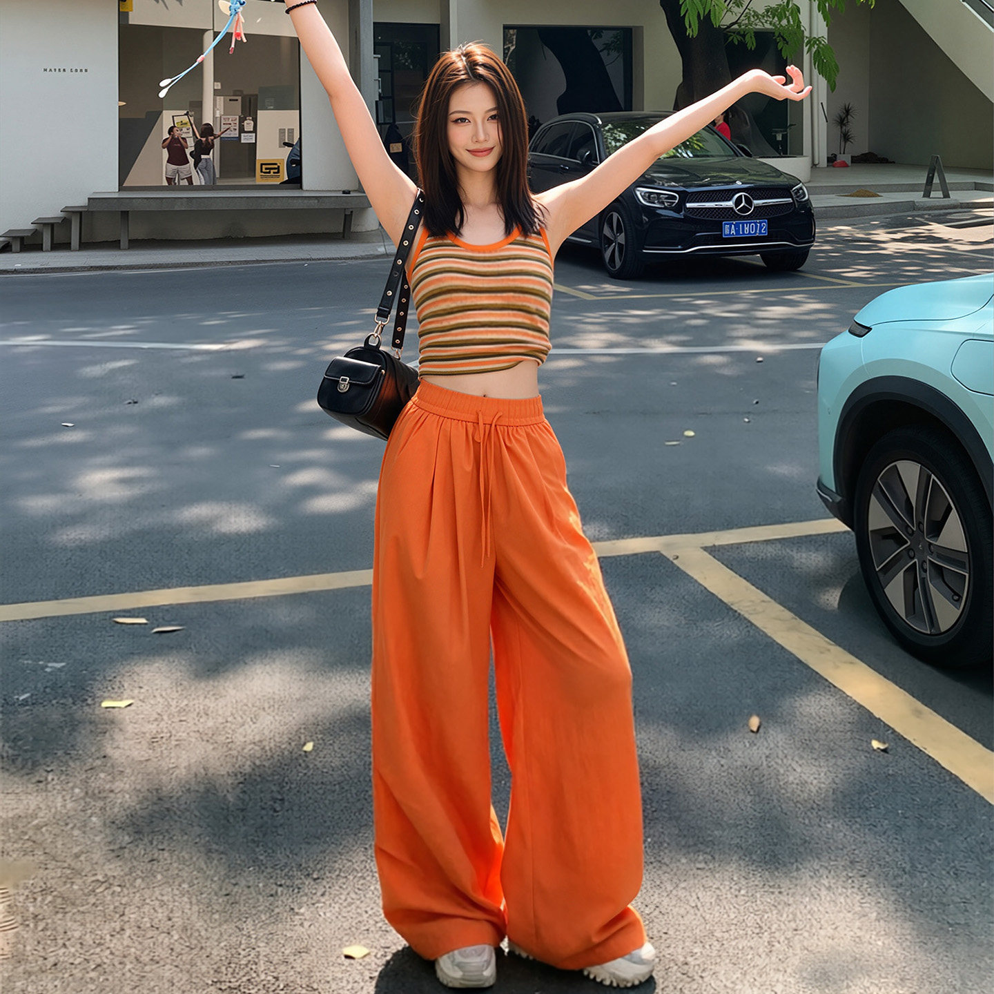 杨杨 橘色休闲运动套装女夏季条纹工字背心速干工装裤长裤两件套