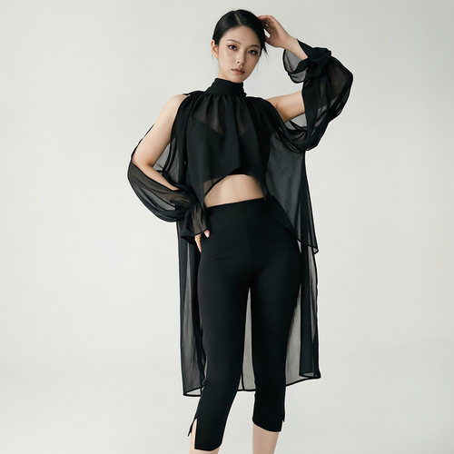 杨杨 黑色挂脖露肩飘带雪纺衫女夏季前短后长灯笼袖微透防晒上衣