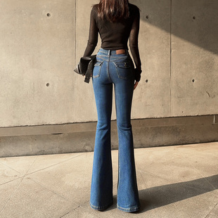 马蹄长裤 女春秋提臀显腿长超模裤 深蓝色蜜桃线微喇叭牛仔裤 杨杨