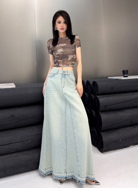 杨杨 浅蓝色长款毛边牛仔半身裙女倒v分割线大摆a字裙及踝长裙