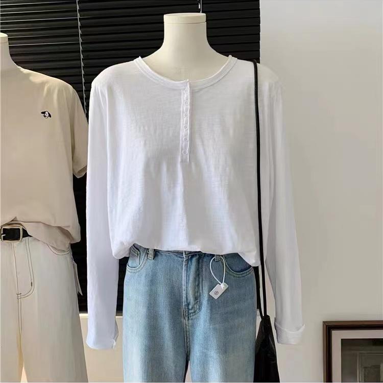 慵懒风竹节棉长袖T恤女纯色