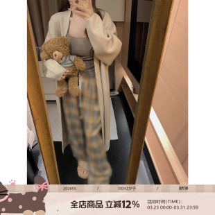 休闲杏色拖地休闲裤 慵懒宽松显瘦格纹阔腿裤 韩系格子裤 DDXZ夕子