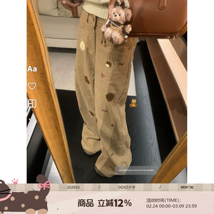 DDXZ夕子可爱复古风显瘦直筒裤美拉德色系卡通动画图案阔腿牛仔裤