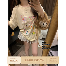 DDXZ夕子童趣可爱杏色卡通印花短袖圆领宽松休闲慵懒感夏季T恤女