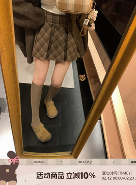 DDXZ夕子韩系学院风格子百褶裙高腰a字遮肉显瘦小个子短款半身裙