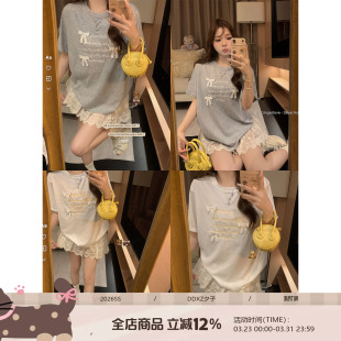 减龄圆领T恤 简约字母时尚 DDXZ夕子 甜美设计感蕾丝蝴蝶结系带短袖