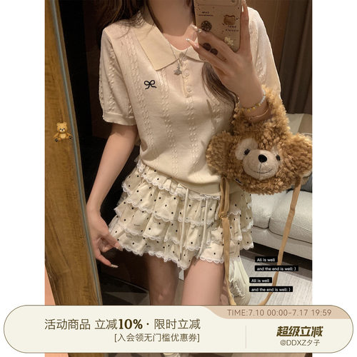DDXZ夕子 韩系学院风蝴蝶结刺绣麻花短袖减龄百搭POLO领三粒扣T恤