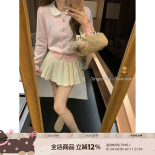 DDXZ夕子甜美可爱风娃娃领正肩毛衣粉色格子小马刺绣短款针织开衫