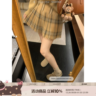 DDXZ夕子 洋气英伦风卡其色细百褶格子半身裙减龄小个子A字短裙女