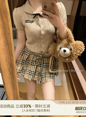 DDXZ夕子甜妹蝴蝶结针织镂空短袖