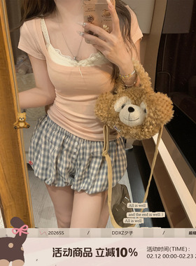 DDXZ夕子纯色方领打底衫加白色蕾丝边背心吊带纯欲风性感两件套女