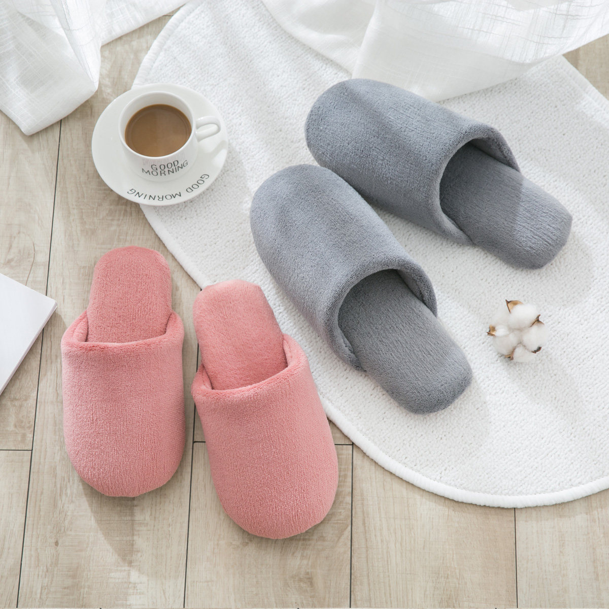 珊瑚绒软底拖鞋女冬季保暖家居室内地板半包跟厚底无声防滑棉拖鞋