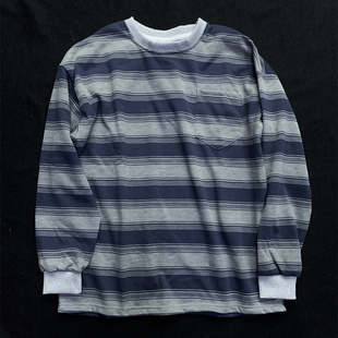 日系复古条纹长袖 宽松圆领百搭潮牌情侣蓝白撞色上衣 T恤男女春季