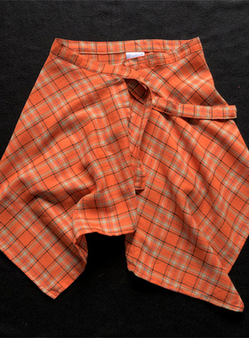 新款潮牌桔色红色格纹屁帘女生橙色撞色格子腰封跳舞裙叠穿下摆男