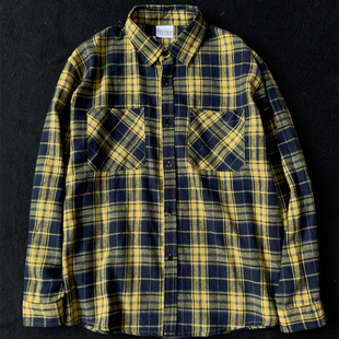 美式复古长袖格子衬衫男秋季黄蓝格纹撞色衬衣女薄款外套情侣上衣