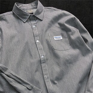 港式风少年感条纹衬衣男黑色日系衬衫男生高级感穿搭薄款外套上衣